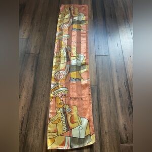 Picasso Art-Inspired Silk Scarf 58”x13” Orange and Golds Portraits Repeat Design